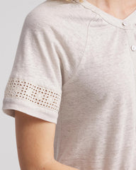 Chico's On Sale River Rock Linen Lace-Cutwork Sleeve Henley Tee