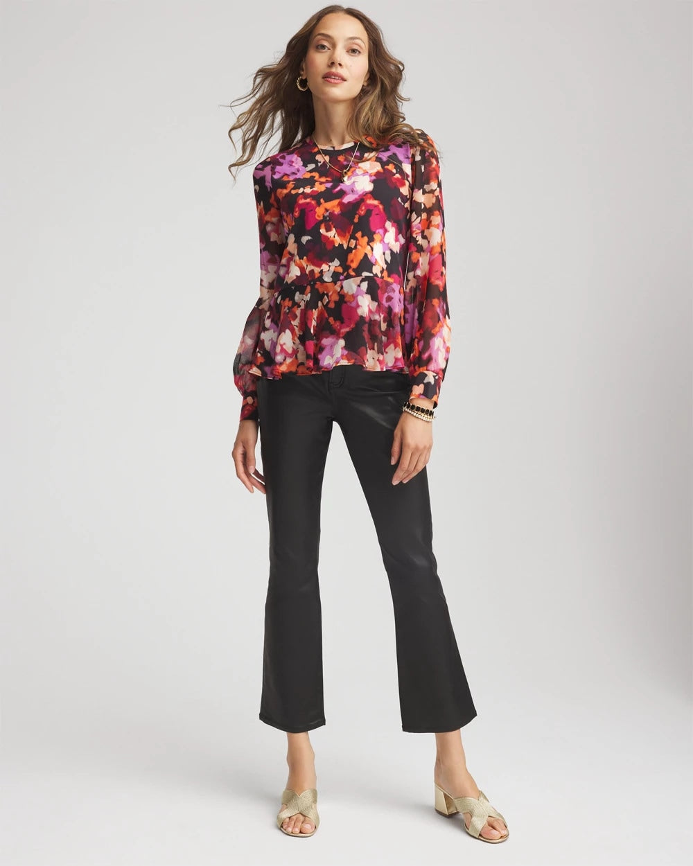 Chico's Sale Black Printed Chiffon Peplum Top