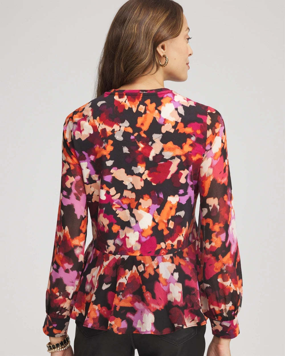 Chico's Sale Black Printed Chiffon Peplum Top