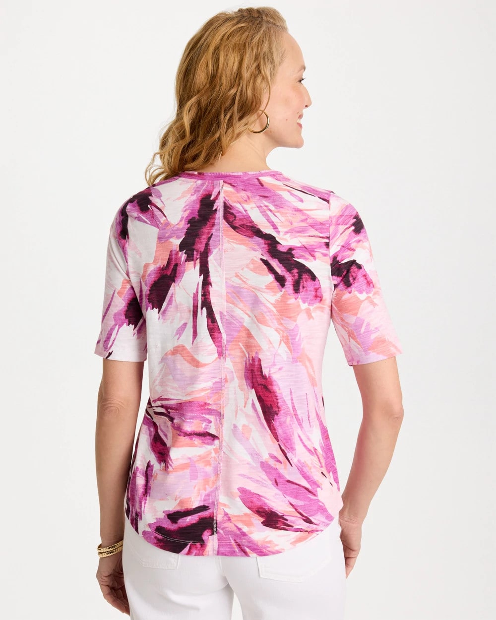 Chico's For Sale Ecru Printed Double V-Neck Slub Rib Tee