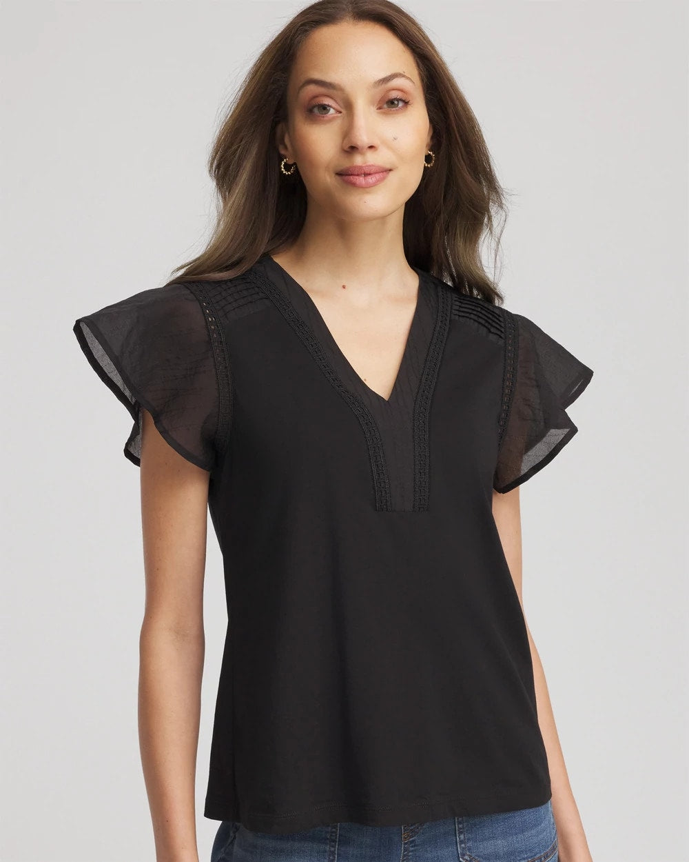 Chico's Discount Black Pleated-Trim Flutter-Sleeve Tee