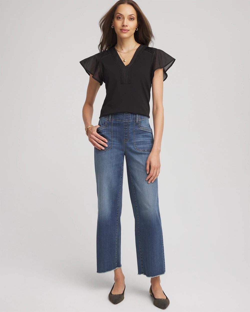 Chico's Discount Black Pleated-Trim Flutter-Sleeve Tee