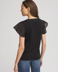 Chico's Discount Black Pleated-Trim Flutter-Sleeve Tee