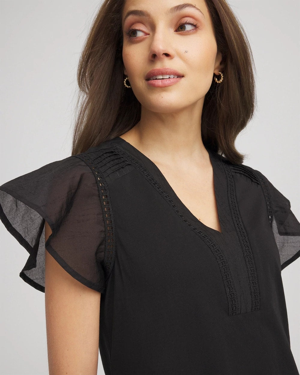 Chico's Discount Black Pleated-Trim Flutter-Sleeve Tee