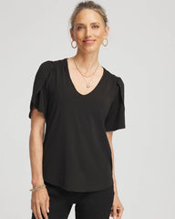 Chico's Outlet Black Petal-Sleeve Voop Neck Tee