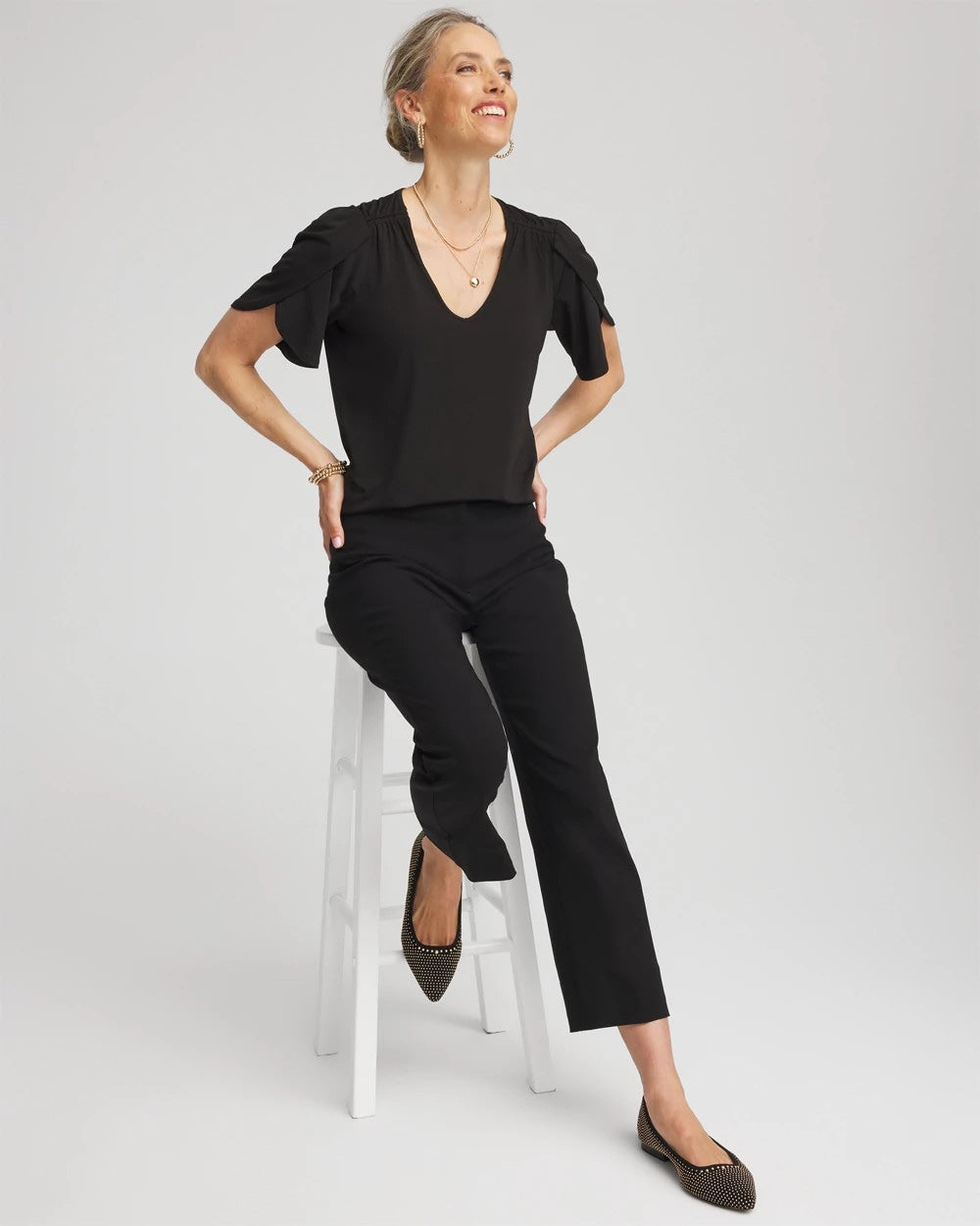 Chico's Outlet Black Petal-Sleeve Voop Neck Tee