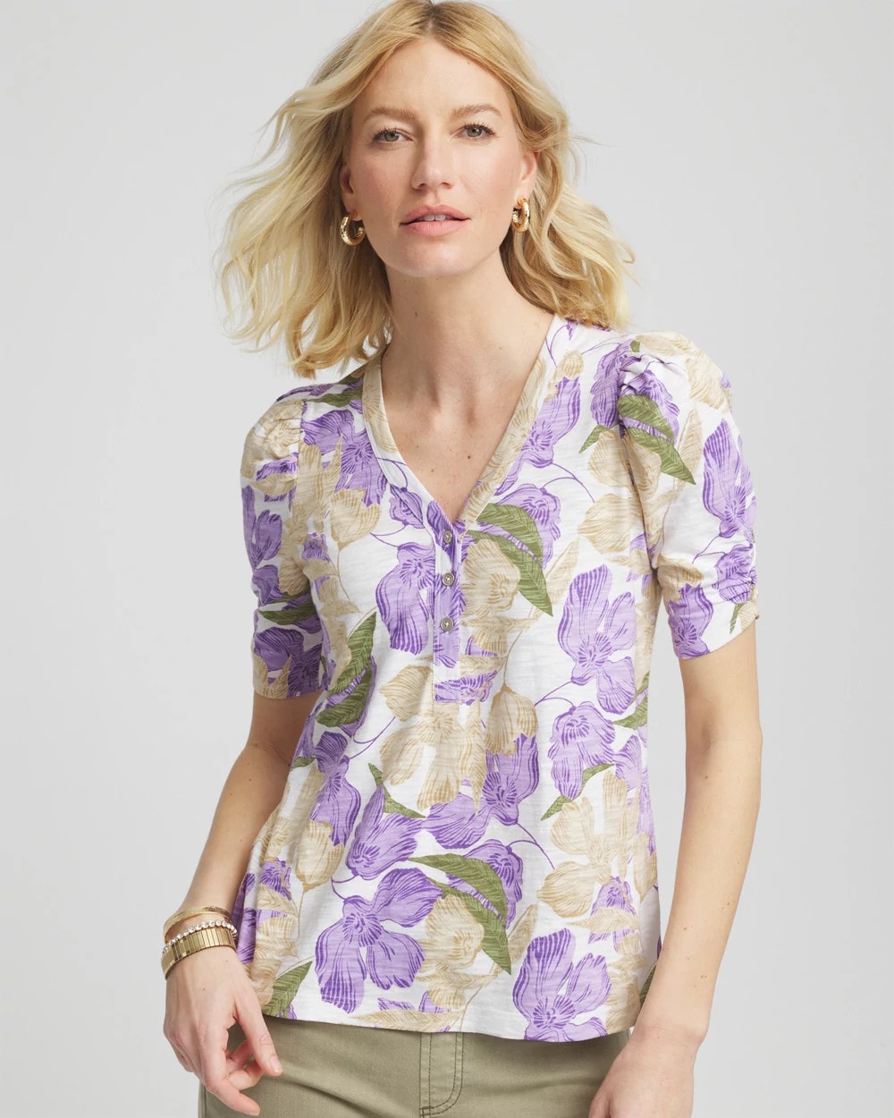 Chico's On Sale Alabaster Floral Slub Henley Tee