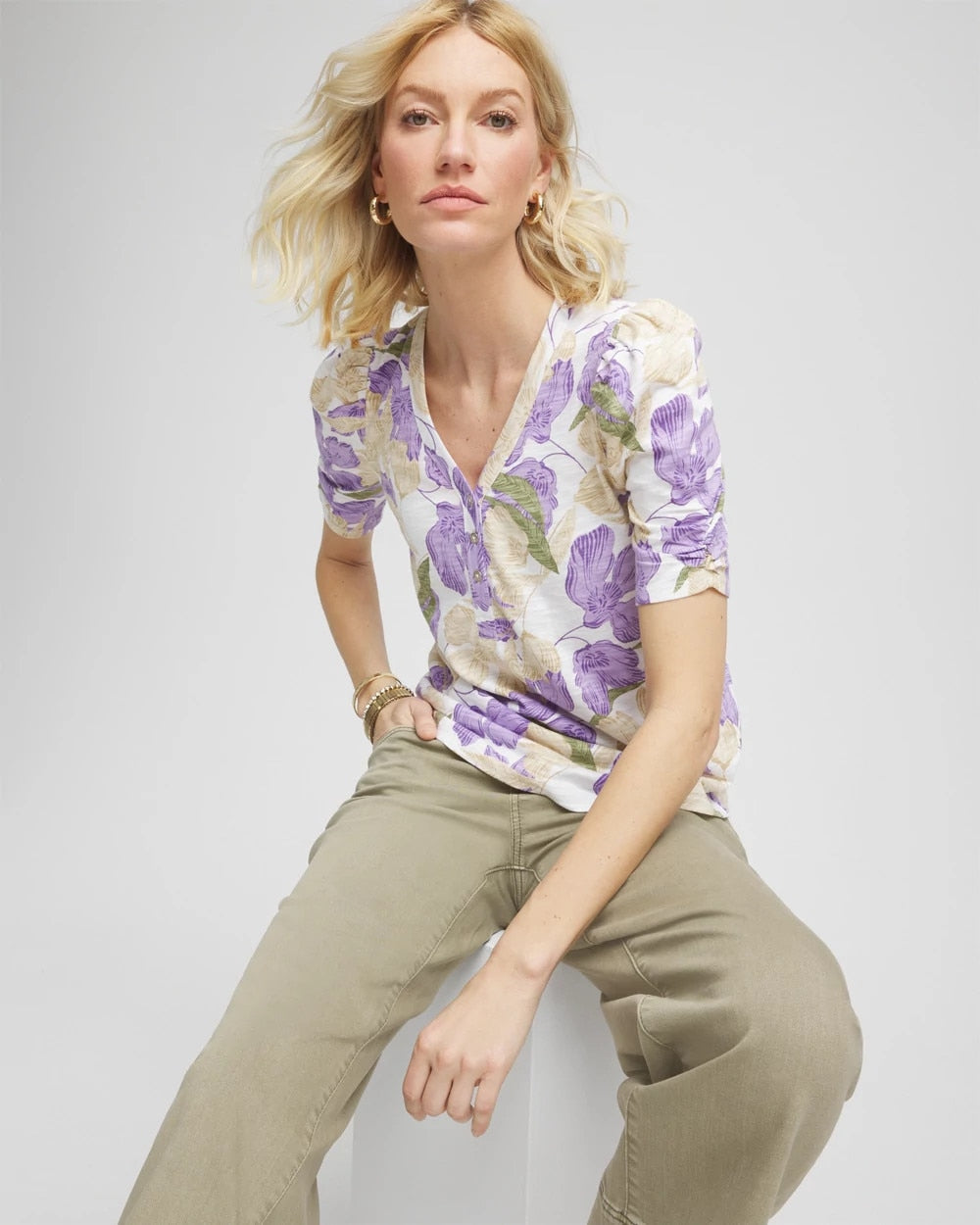 Chico's On Sale Alabaster Floral Slub Henley Tee