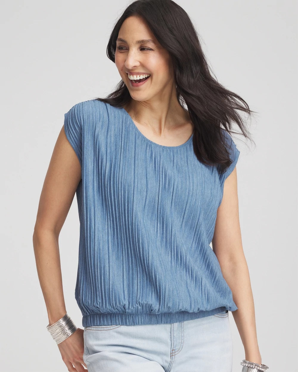Chico's For Sale Indigo Melange Pleated Bubble-Hem Top