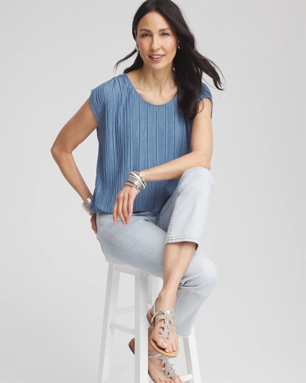 Chico's For Sale Indigo Melange Pleated Bubble-Hem Top