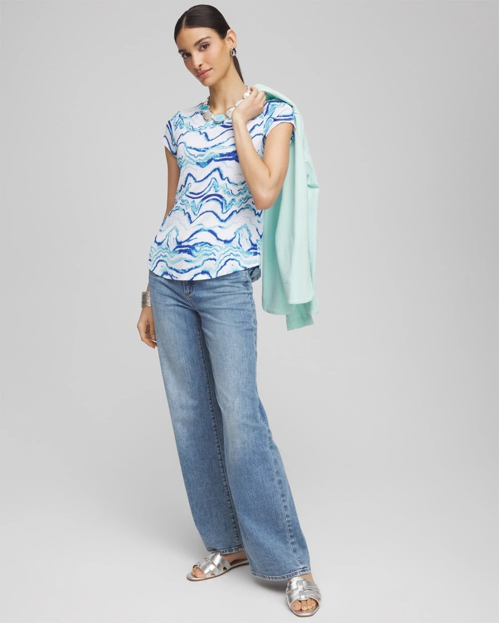 Chico's Discount Alabaster Ocean Waves Cap Sleeve Dolman Tee