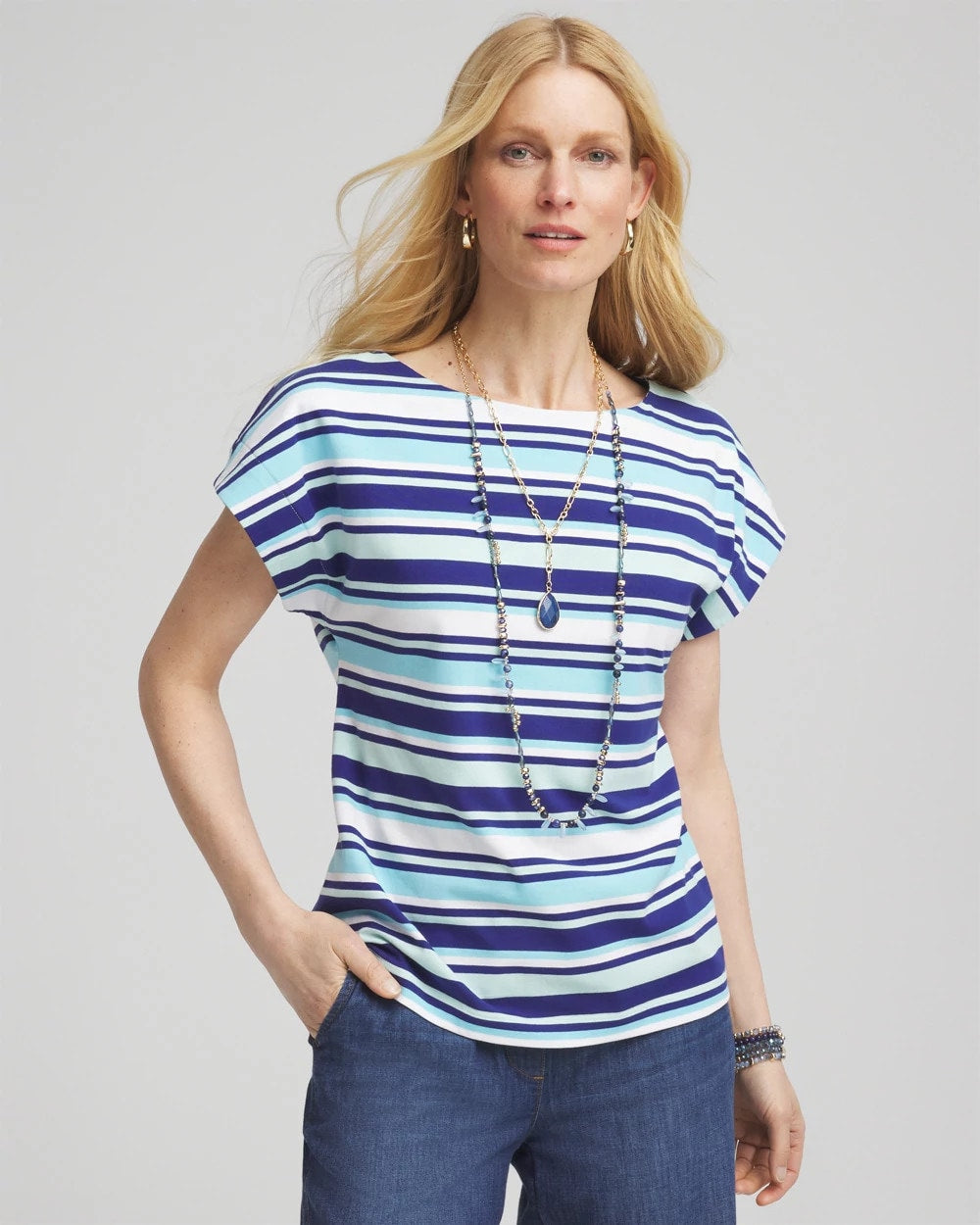 Chico's Sale Paradiso Blue Stripe Modern Cap Sleeve Tee