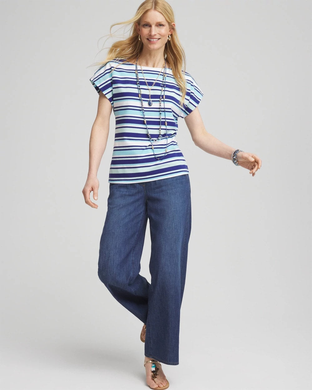 Chico's Sale Paradiso Blue Stripe Modern Cap Sleeve Tee