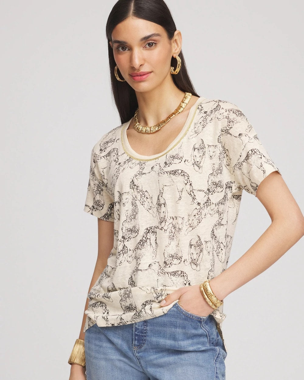 Chico's Outlet Glistening Sand Panther Sweater-Trim Linen Tee