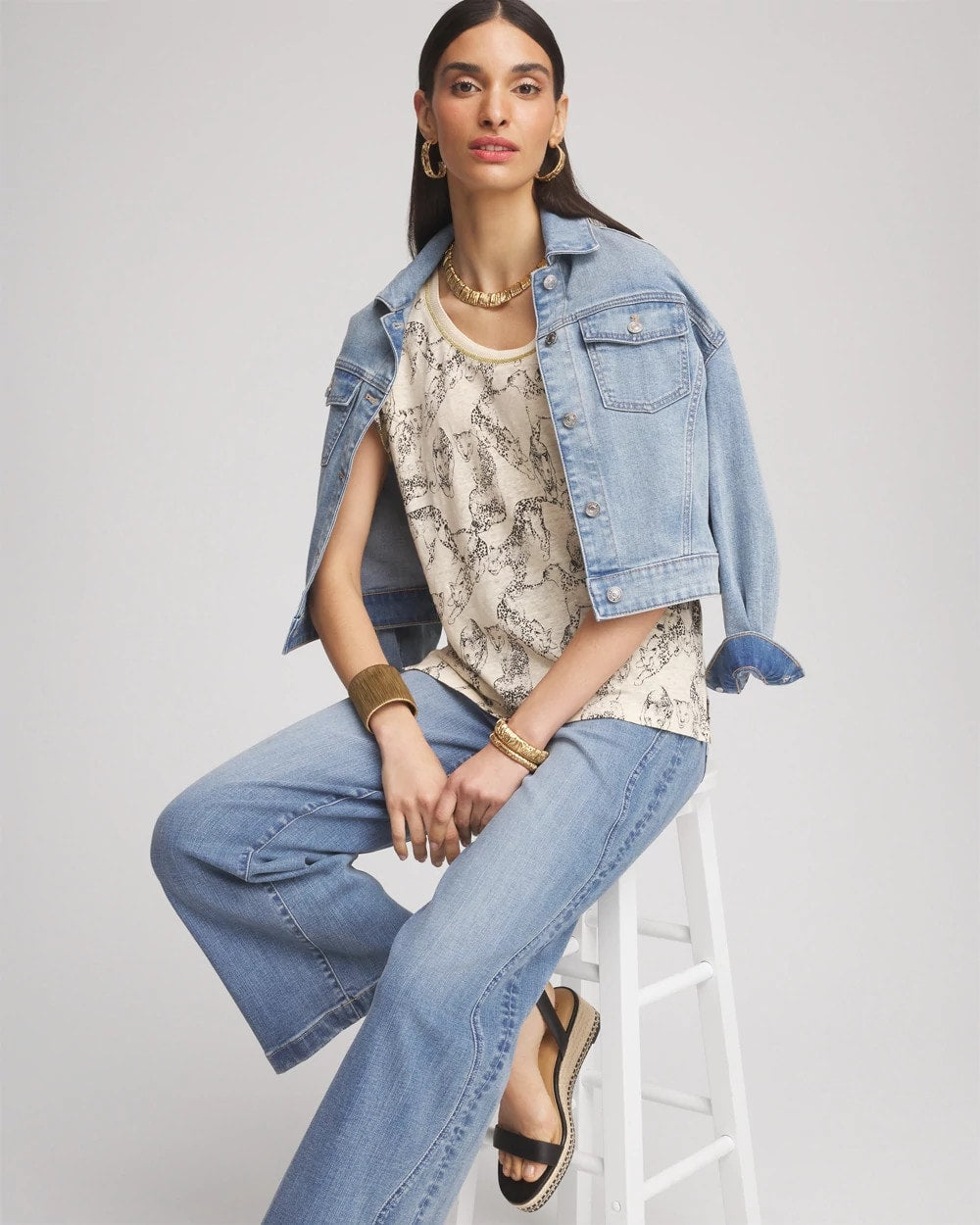 Chico's Outlet Glistening Sand Panther Sweater-Trim Linen Tee