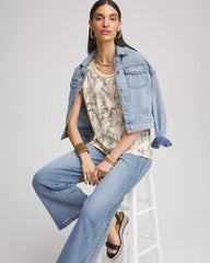 Chico's Outlet Glistening Sand Panther Sweater-Trim Linen Tee