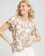 Chico's On Sale Cafe Aroma Linen Leaf Print Flutter Sleeve Tee