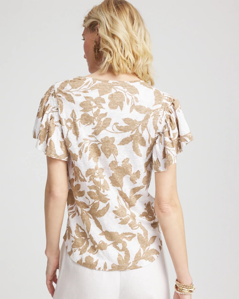 Chico's On Sale Cafe Aroma Linen Leaf Print Flutter Sleeve Tee