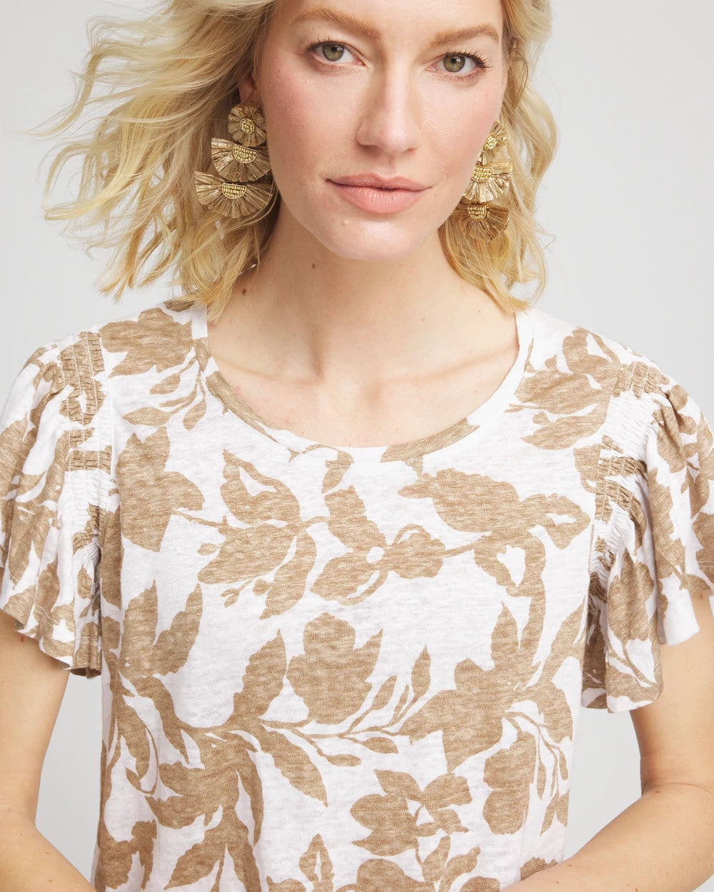 Chico's On Sale Cafe Aroma Linen Leaf Print Flutter Sleeve Tee
