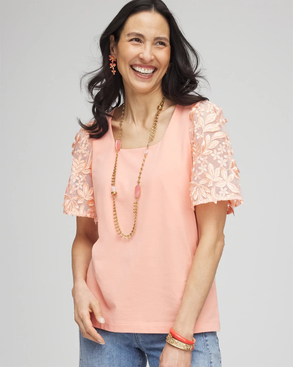 Chico's For Sale Coral Blossom Floral Sleeved Square-Neck Tee