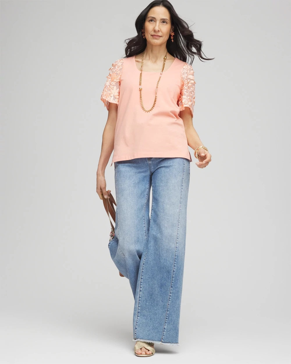 Chico's For Sale Coral Blossom Floral Sleeved Square-Neck Tee