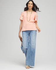 Chico's For Sale Coral Blossom Floral Sleeved Square-Neck Tee