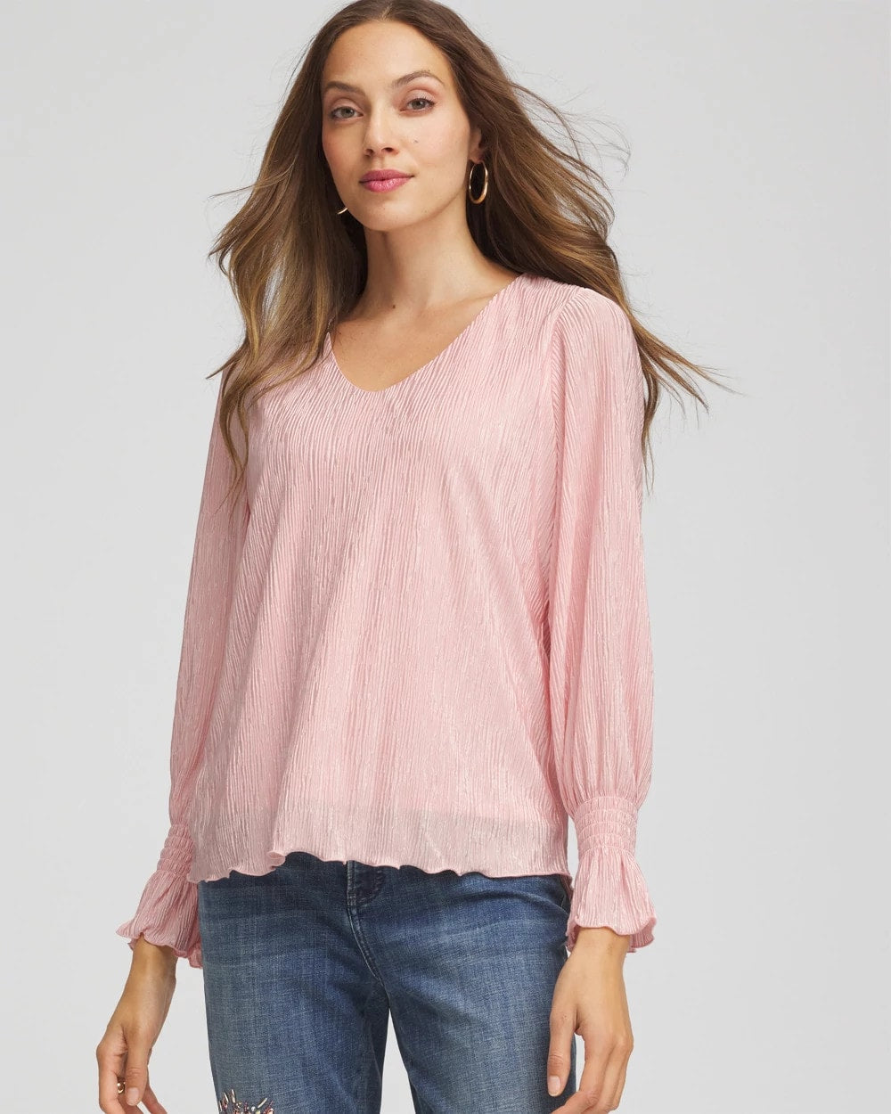 Chico's Outlet Blushed Crinkle Bodre Voop Neck Top