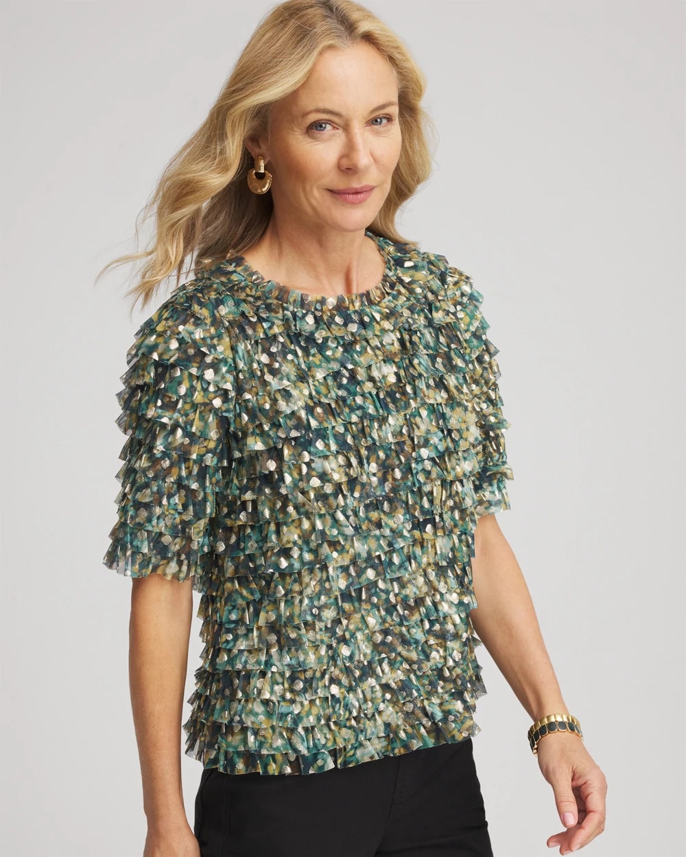 Chico's Discount Darkest Spruce Foiled Mesh Ruffle Crop Tee