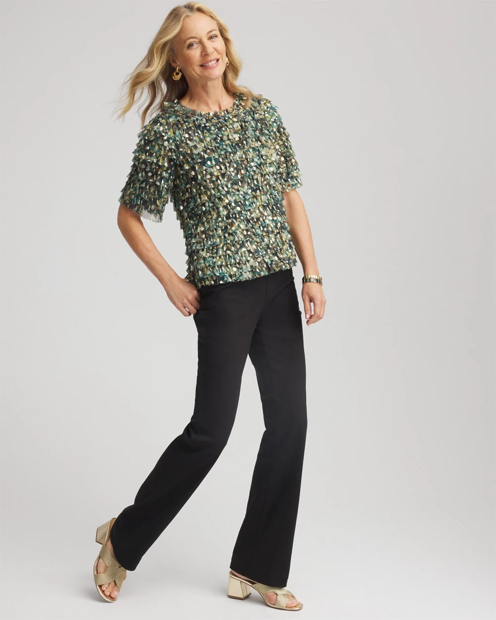 Chico's Discount Darkest Spruce Foiled Mesh Ruffle Crop Tee