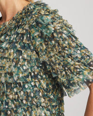 Chico's Discount Darkest Spruce Foiled Mesh Ruffle Crop Tee
