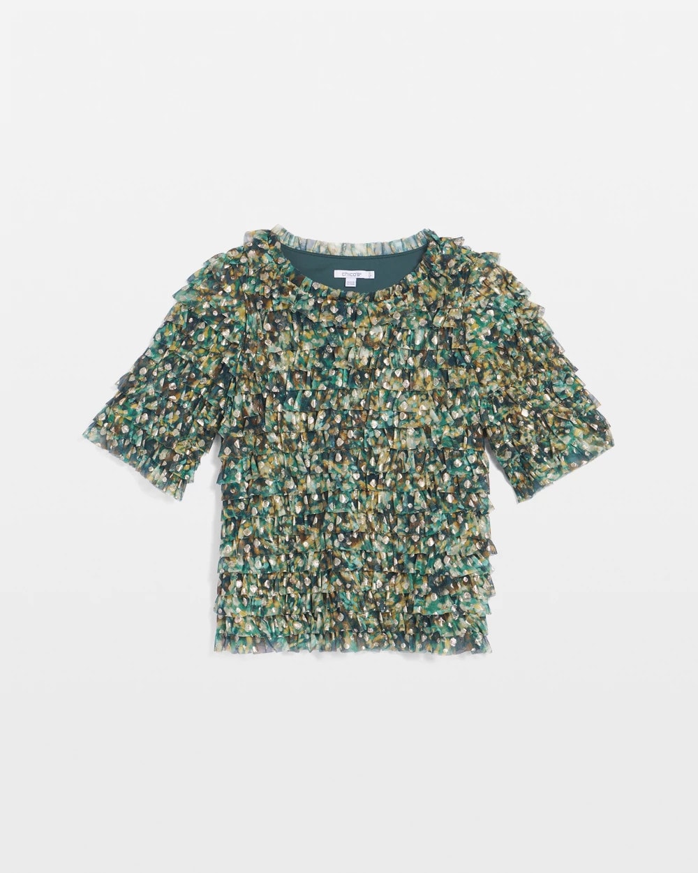 Chico's Discount Darkest Spruce Foiled Mesh Ruffle Crop Tee