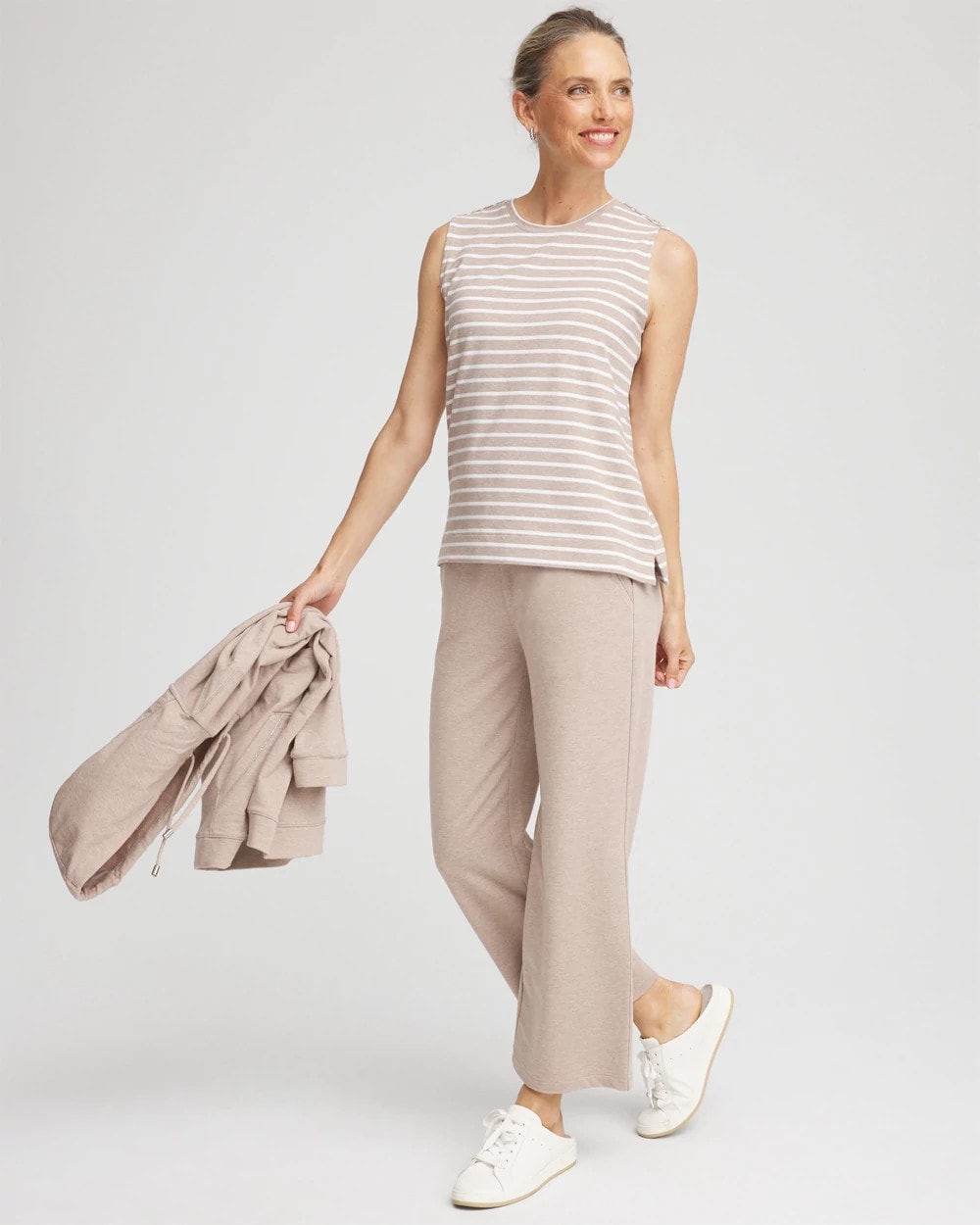 Chico's Outlet Light Taupe Heather Zenergy® UPF Sleeveless Metallic-Striped Tank