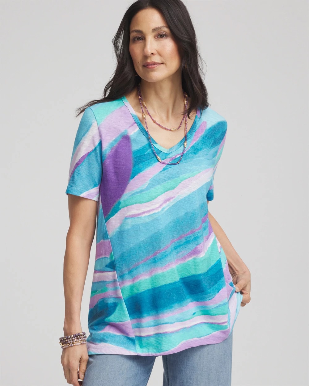 Chico's Online Paradiso Blue Sea Print Short Sleeve Forward-Seam Tee