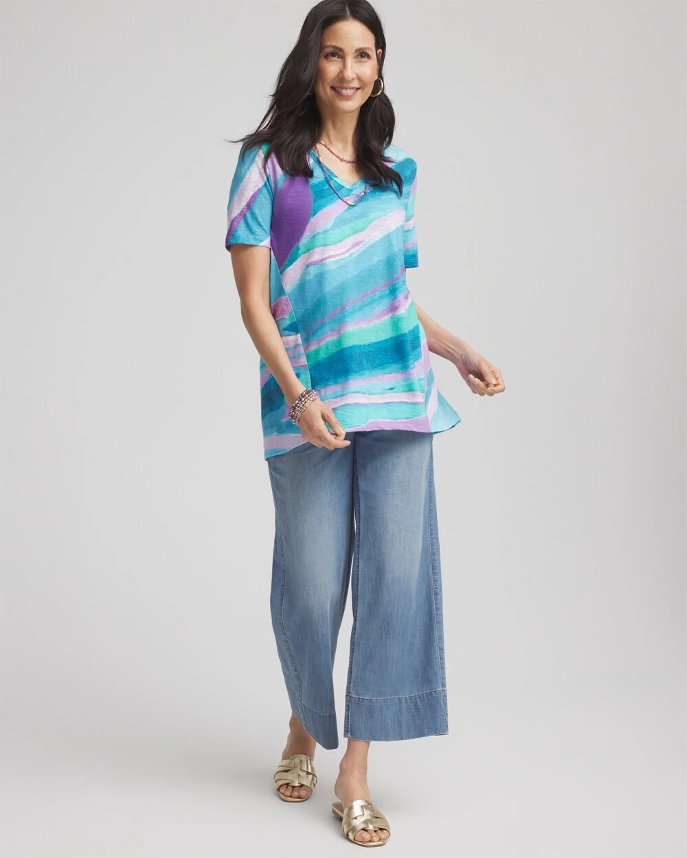 Chico's Online Paradiso Blue Sea Print Short Sleeve Forward-Seam Tee