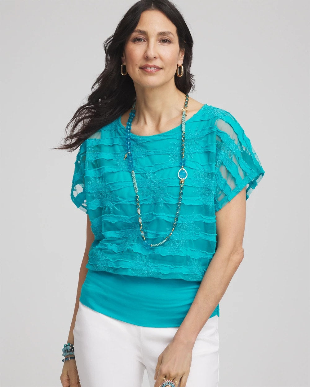 Chico's Sale Seaspray Embroidered Striped Banded Bottom Top