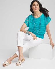 Chico's Sale Seaspray Embroidered Striped Banded Bottom Top