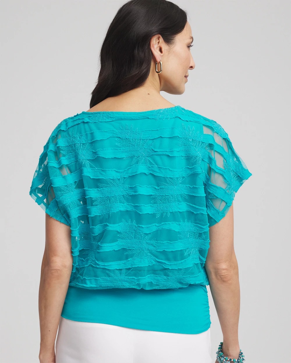 Chico's Sale Seaspray Embroidered Striped Banded Bottom Top