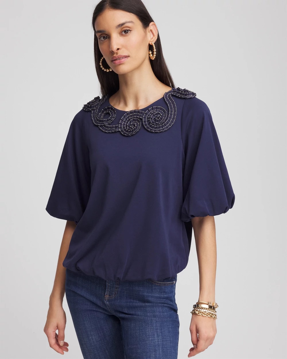 Chico's For Sale Passport Blue Bubble Hem Pleated Cotton Top