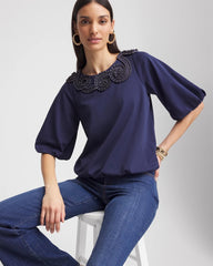 Chico's For Sale Passport Blue Bubble Hem Pleated Cotton Top