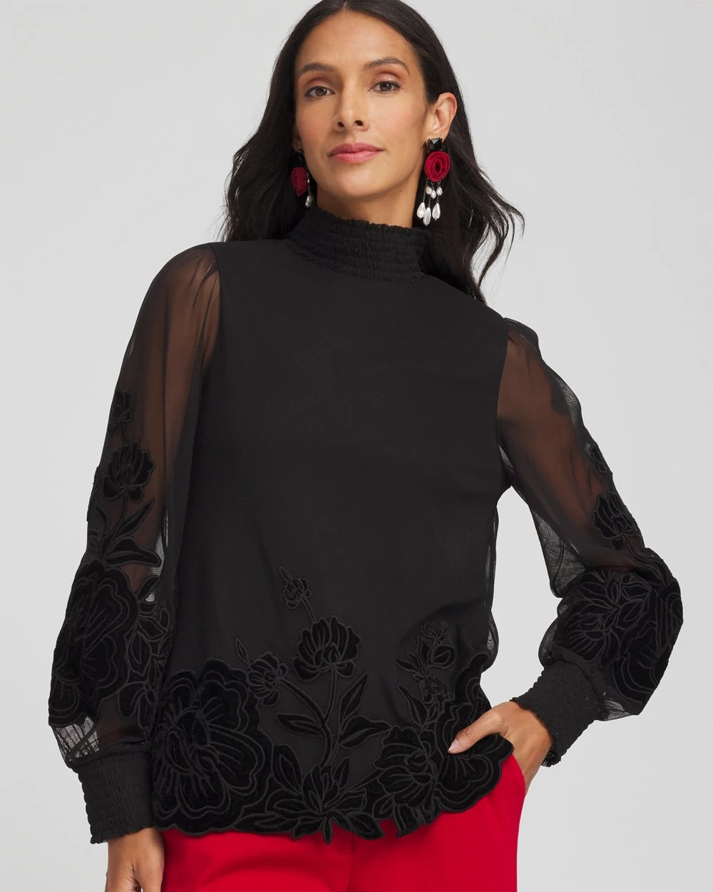 Chico's Sale Black Sheer Mesh Velvet Appliqué Top
