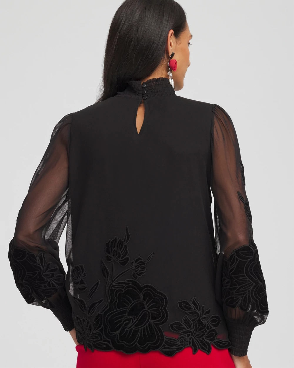 Chico's Sale Black Sheer Mesh Velvet Appliqué Top