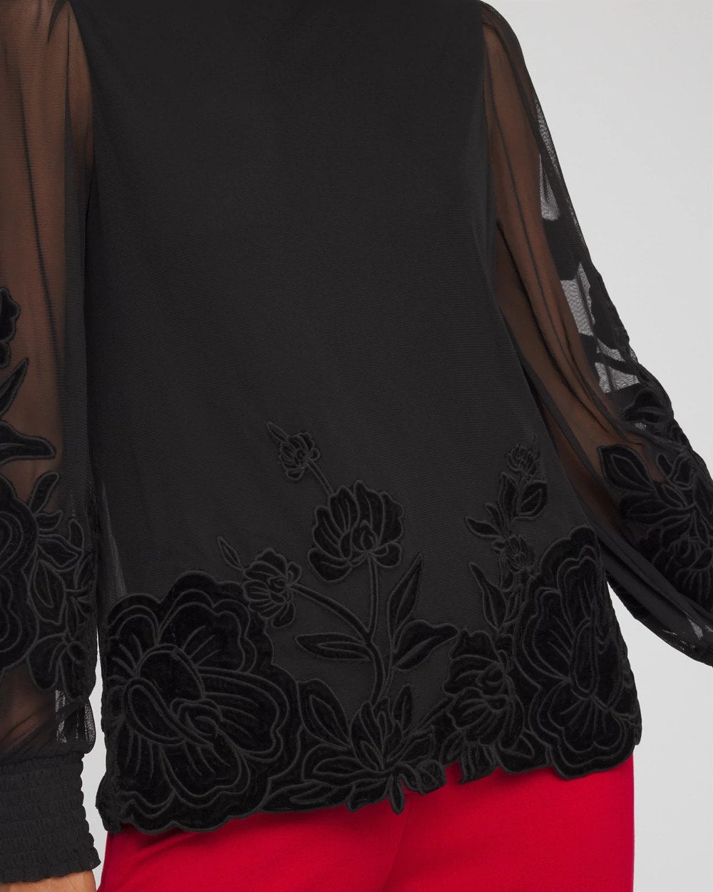 Chico's Sale Black Sheer Mesh Velvet Appliqué Top