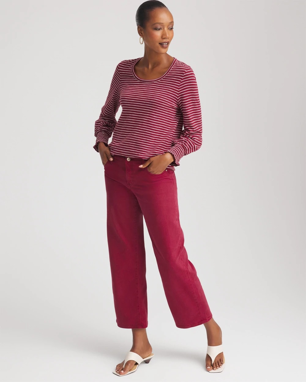 Chico's On Sale Russet Red Smocked-Sleeve Cotton-Slub Tee