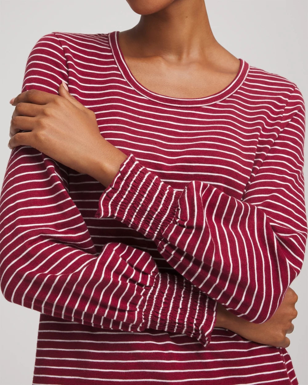 Chico's On Sale Russet Red Smocked-Sleeve Cotton-Slub Tee