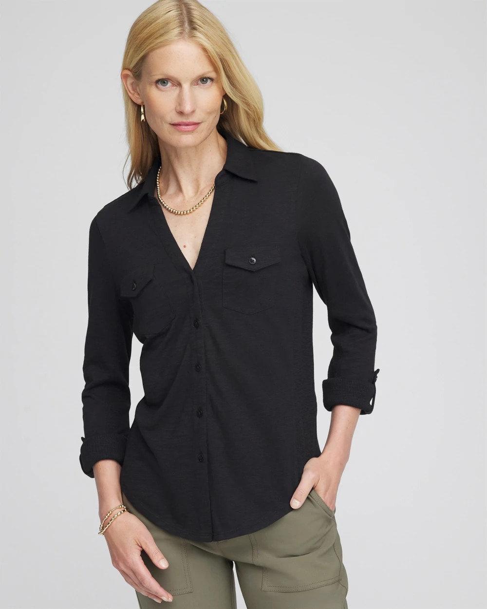 Chico's Online Black Collared Henley Shirt