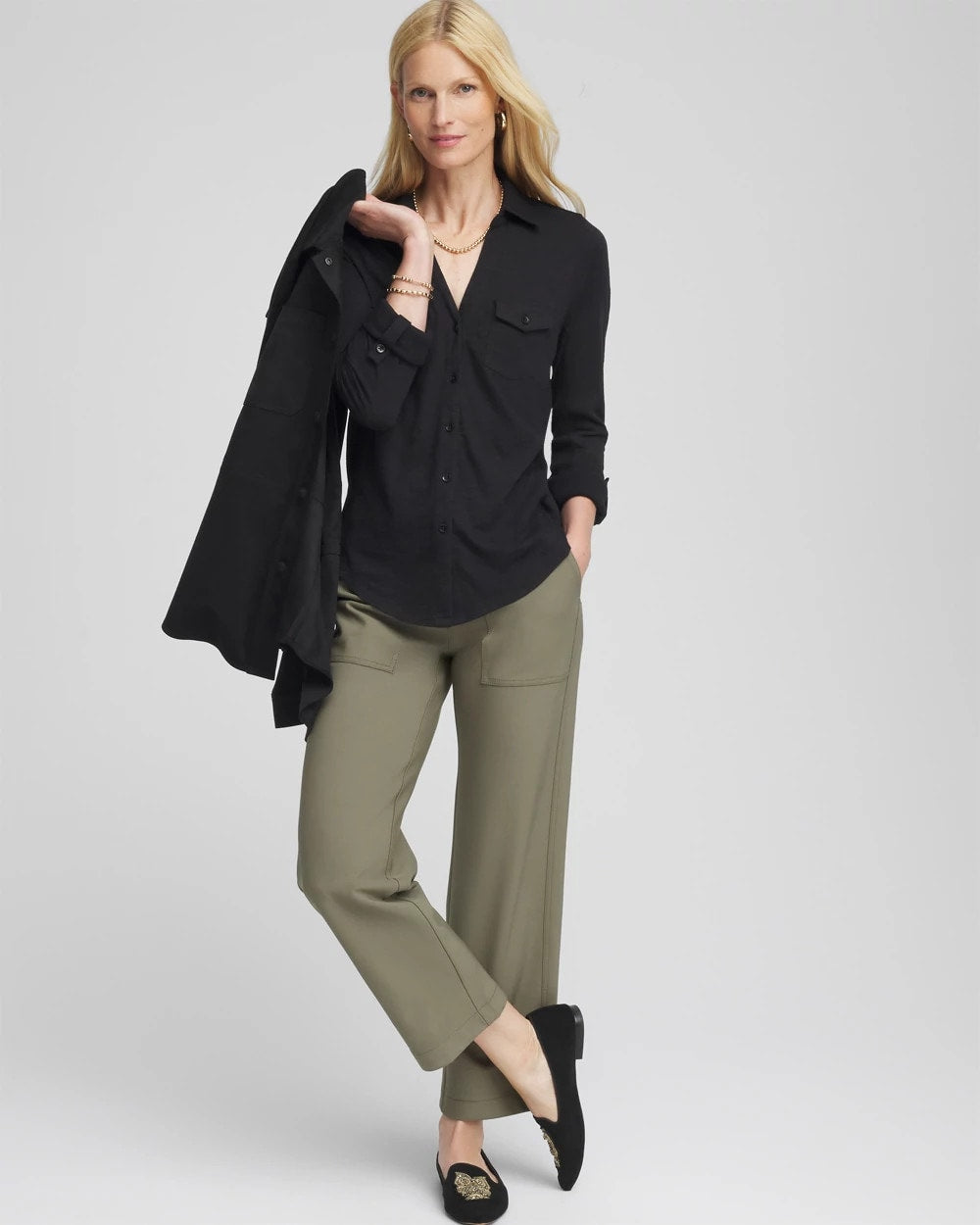 Chico's Online Black Collared Henley Shirt