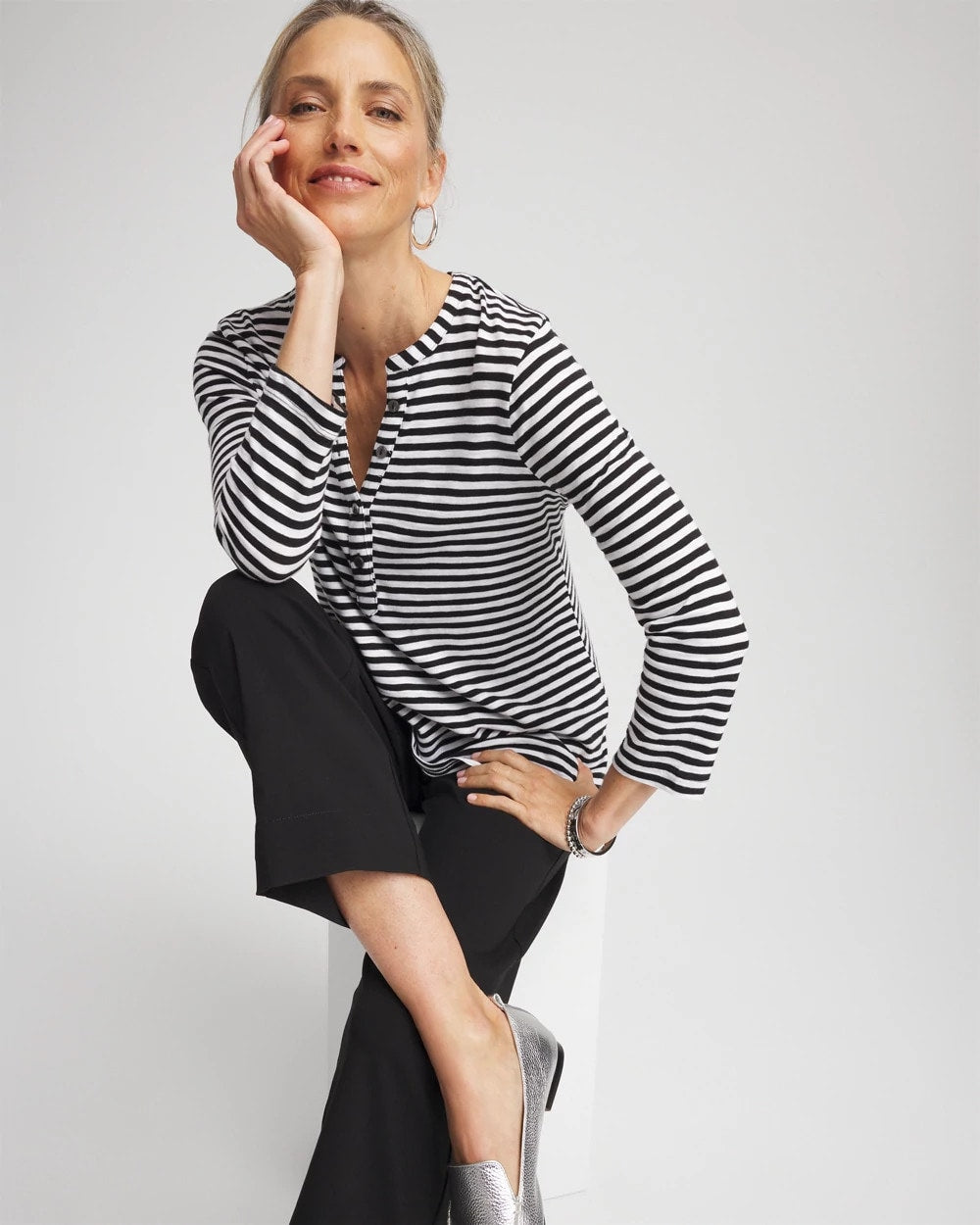 Chico's Discount Black Striped Slub Splitneck Henley Tee