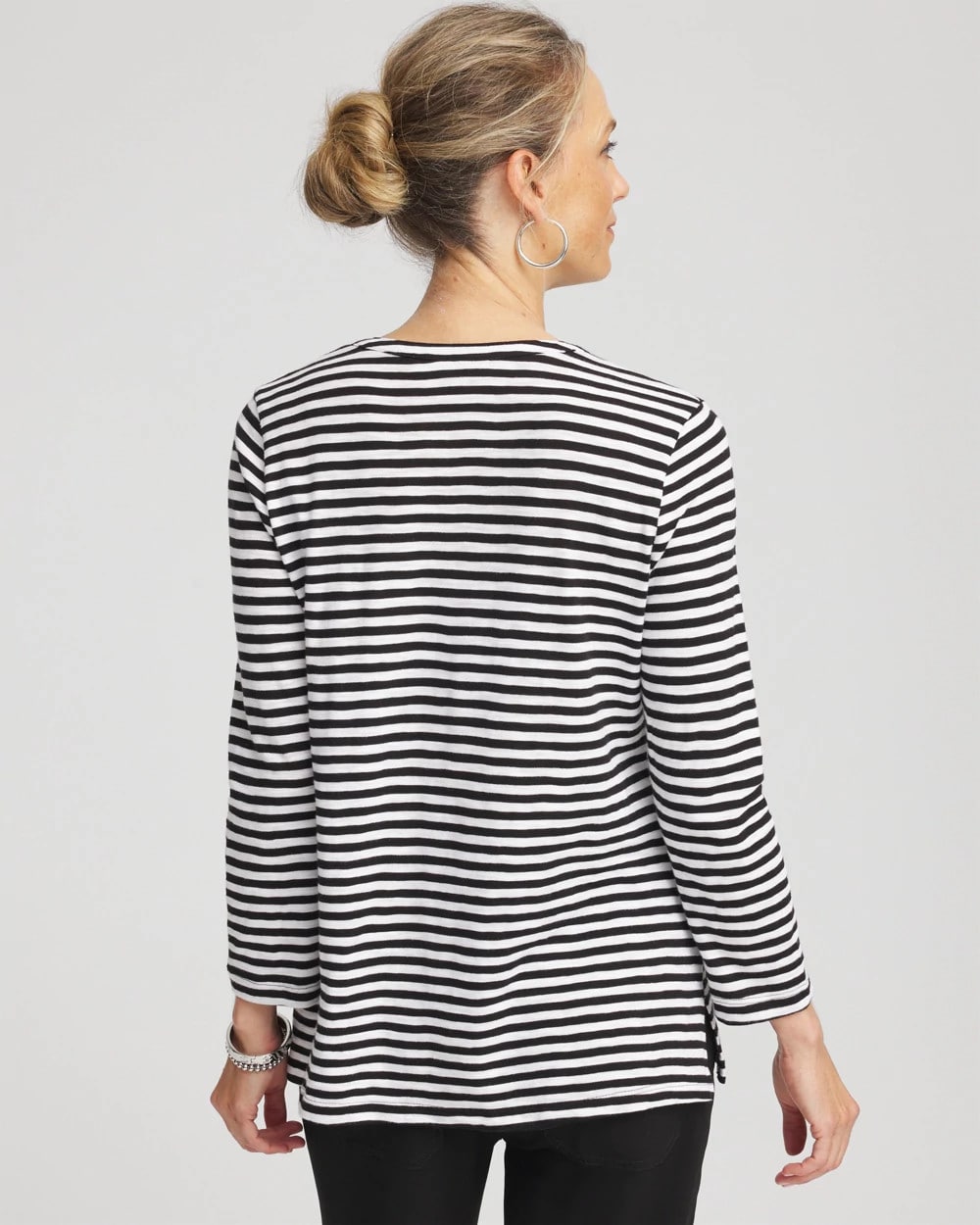 Chico's Discount Black Striped Slub Splitneck Henley Tee