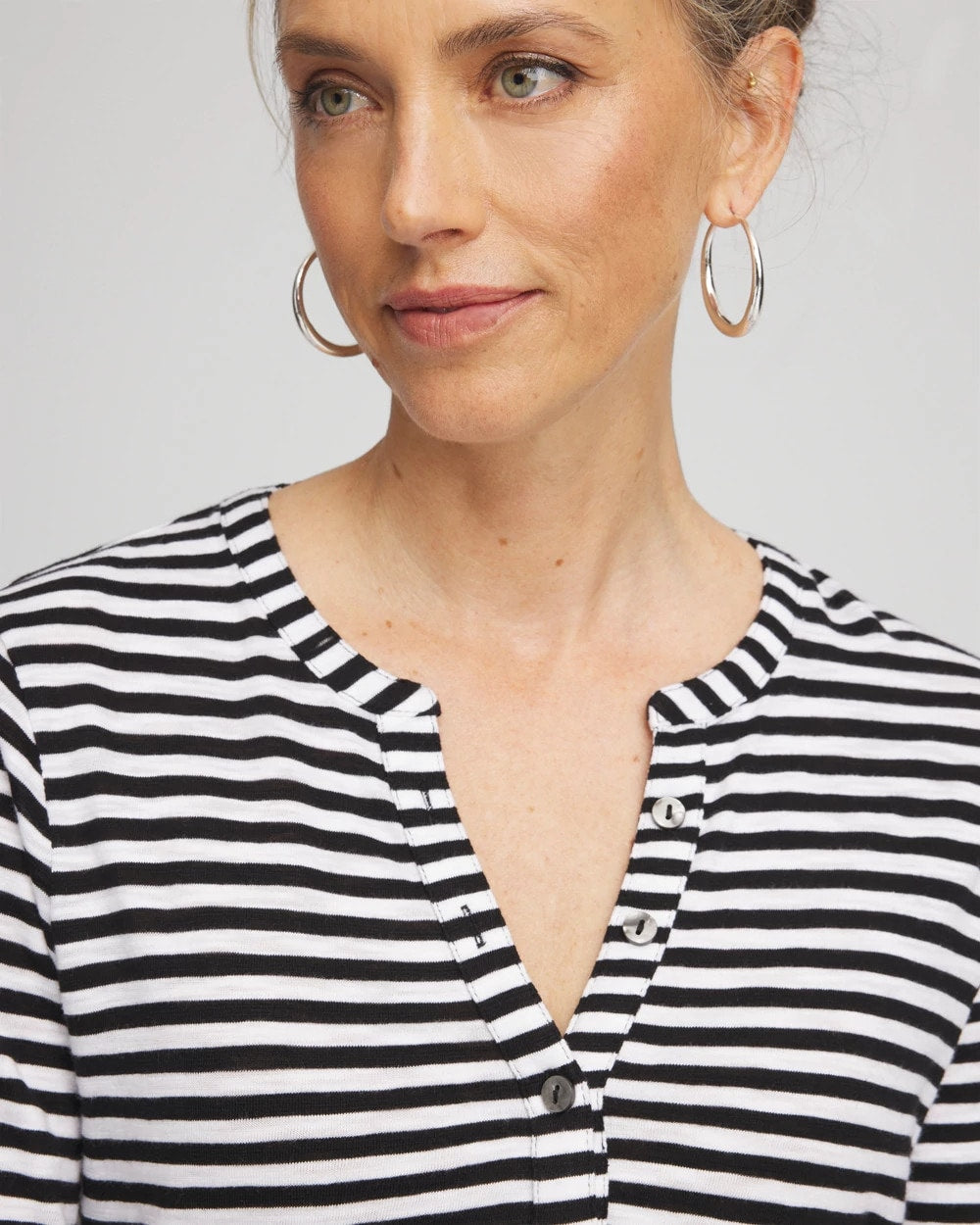 Chico's Discount Black Striped Slub Splitneck Henley Tee