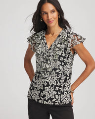 Chico's Sale Black Lace Floral-Burnout Henley Tee